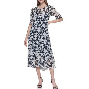 Tommy Hilfiger Short Sleeve Printed Chiffon Tiered Midi Dress